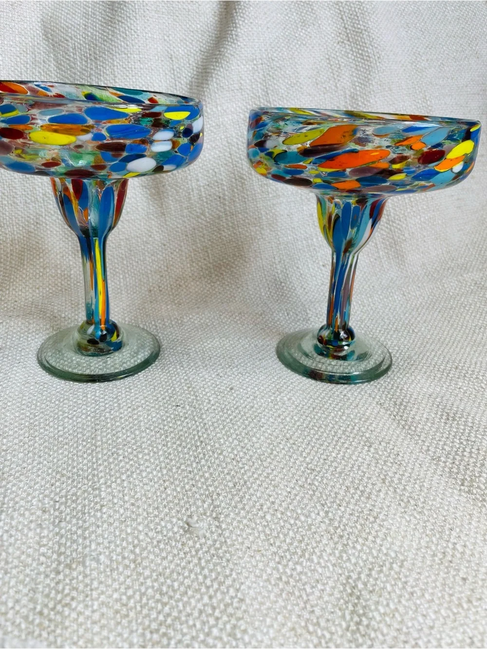 (2) Crate & Barrel Handblown Multicolor Speckled Glass Compote Martini Glasses